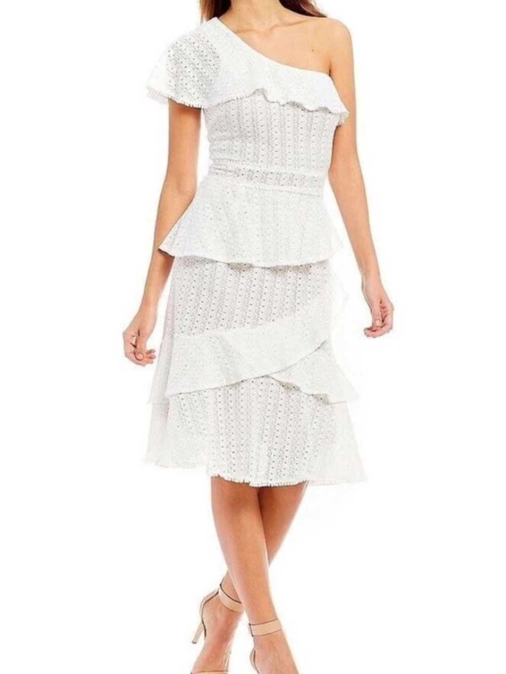 Adelyn Rae Trixie One-Shoulder Eyelet Tiered Midi Dress in White